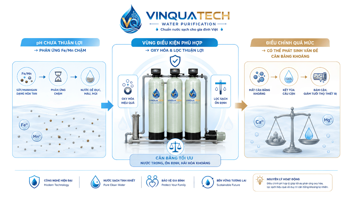 Infographic giải thích không nên tăng pH càng cao càng tốt khi xử lý sắt mangan