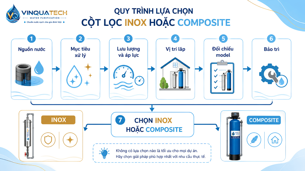 Quy trình chọn cột lọc inox hay composite theo nguồn nước áp lực và vị trí