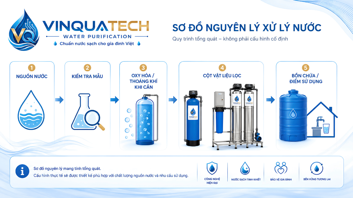 Sơ đồ nguyên tắc xử lý nước nhiễm sắt từ nguồn nước đến công đoạn lọc