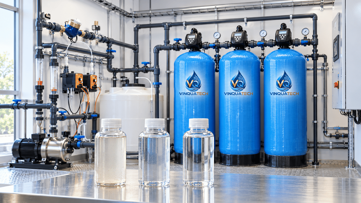 Các chai mẫu nước được đối chiếu tại khu vực hệ thống xử lý nước đầu nguồn